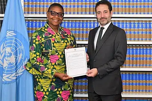 Photo from Zambian Foreign Ministry showcasing the delivery of the "instrument of accession" to the UN.